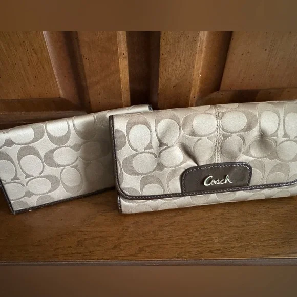 COACH Signature Monogram Wallet and Checkbook Case Set - Picture 1 of 10